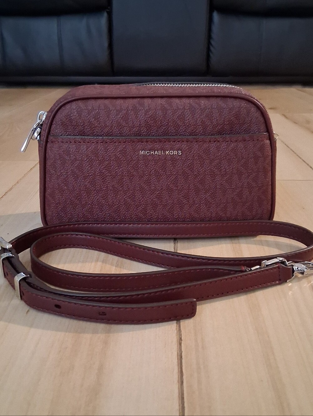 Michael Kors Jet Set Camera Style Burgundy Three Way Bag With Silver Hardware